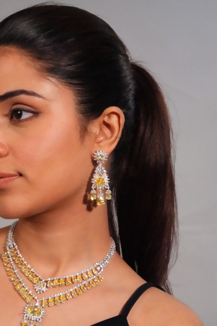 Yellow Stone AD Layered Necklace with Earrings