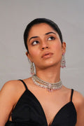 Silver Finish Pink Drop Collar with Chandelier Danglers
