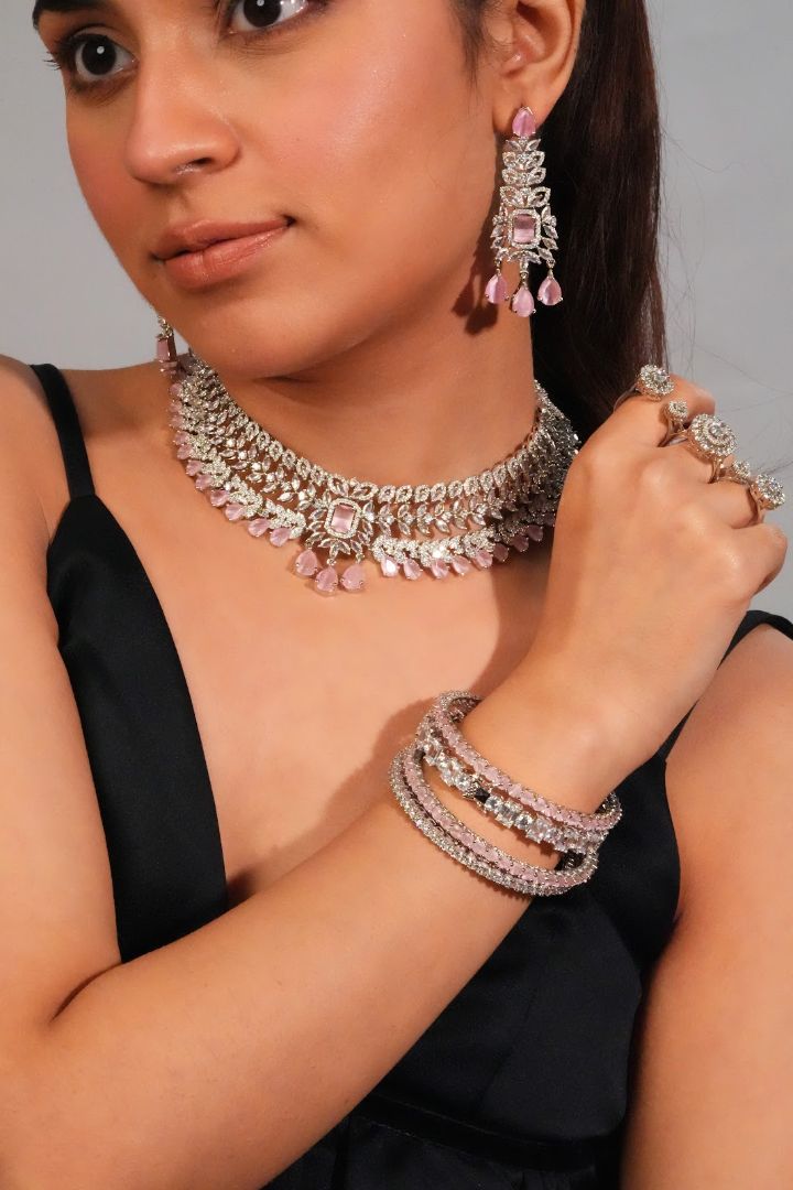 Silver Finish Pink Drop Collar with Chandelier Danglers