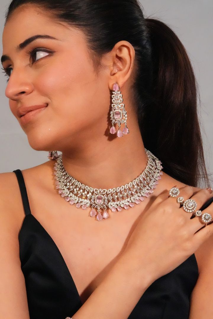 Silver Finish Pink Drop Collar with Chandelier Danglers