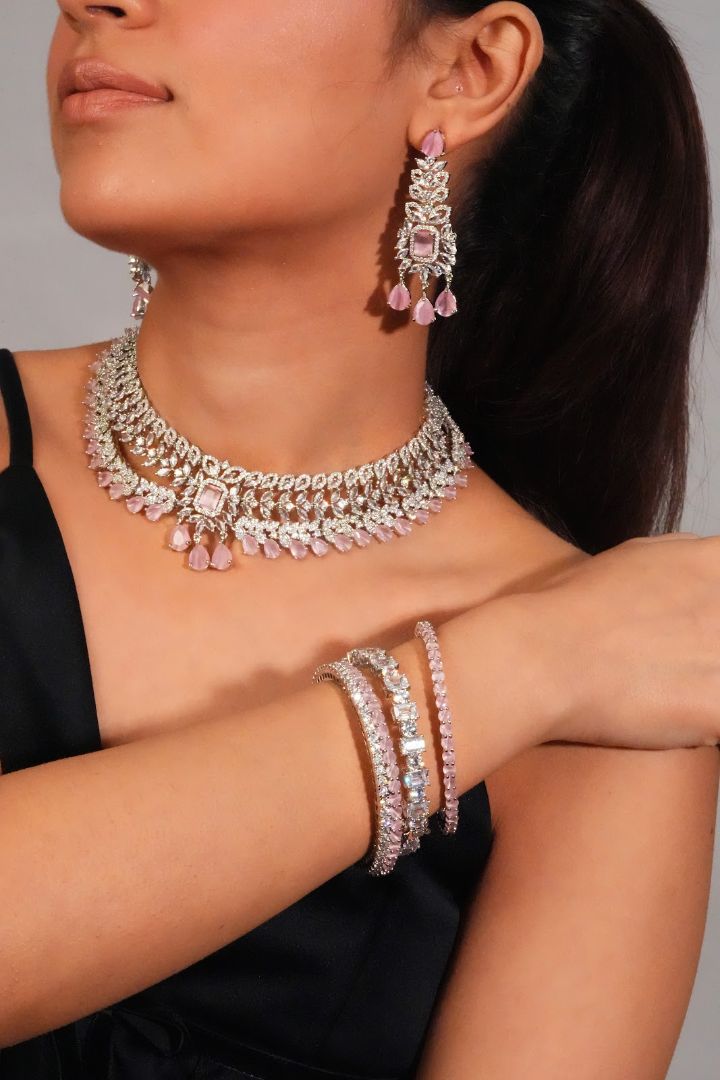 Silver Finish Pink Drop Collar with Chandelier Danglers