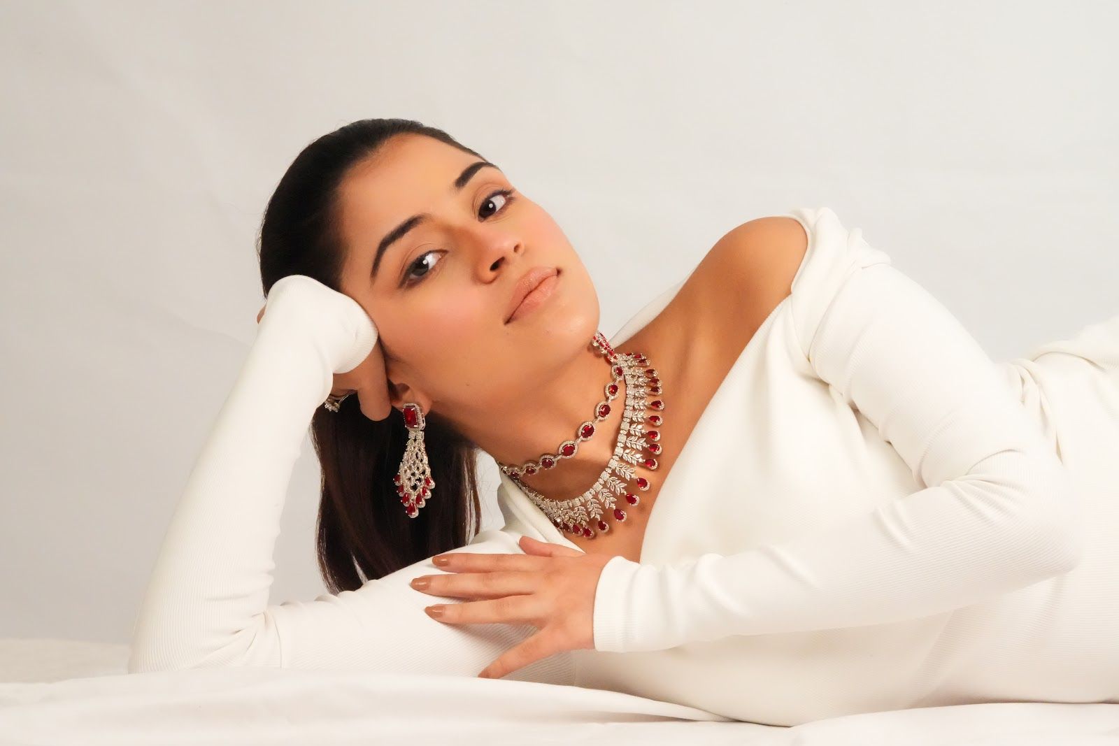 Silver Finish Red AD Necklace with Earrings