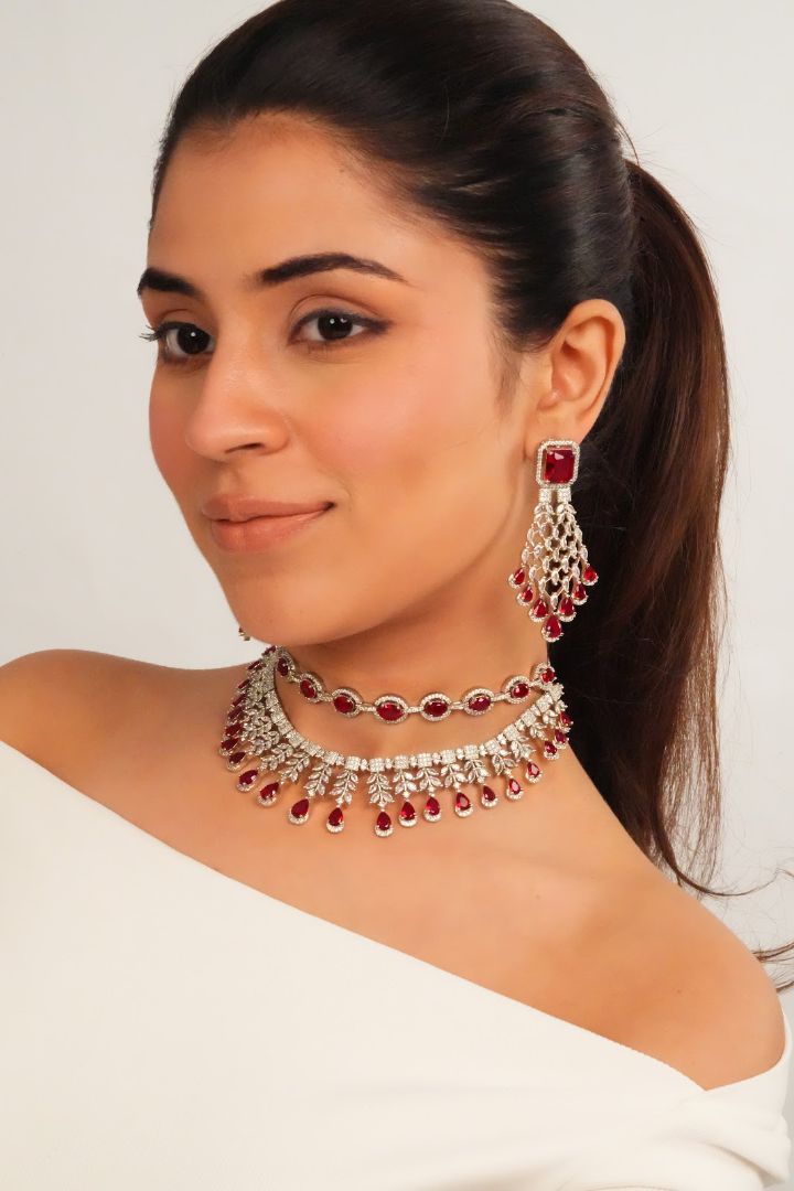 Silver Finish Red AD Necklace with Earrings