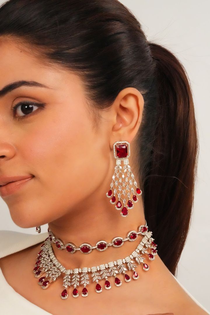 Silver Finish Red AD Necklace with Earrings