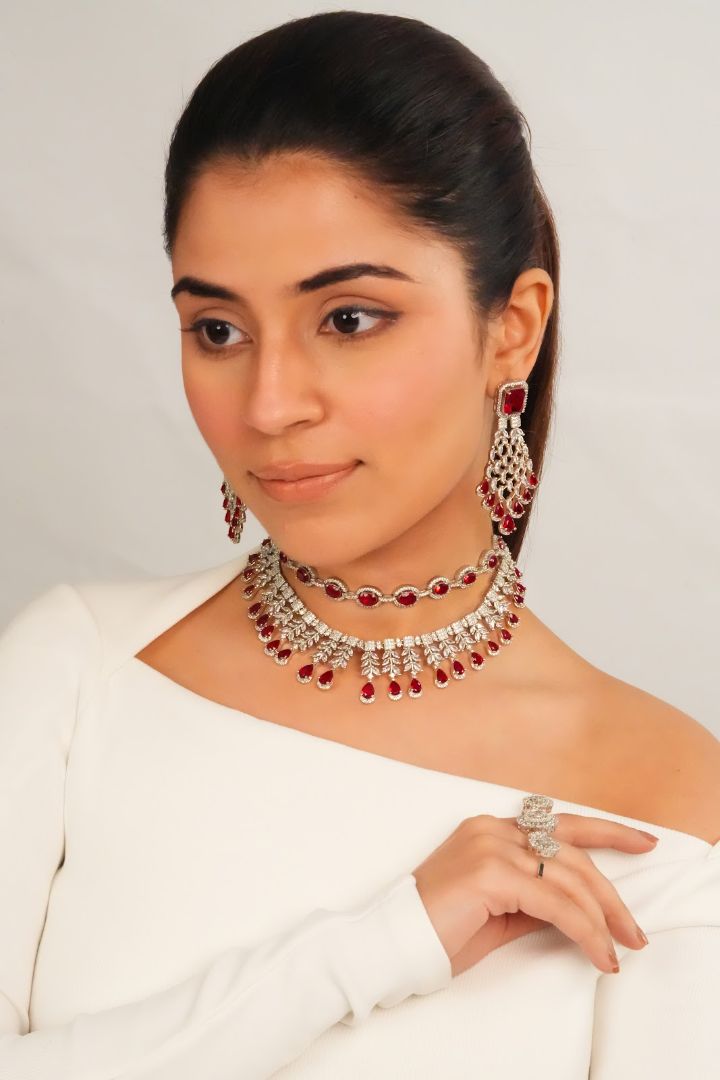 Silver Finish Red AD Necklace with Earrings