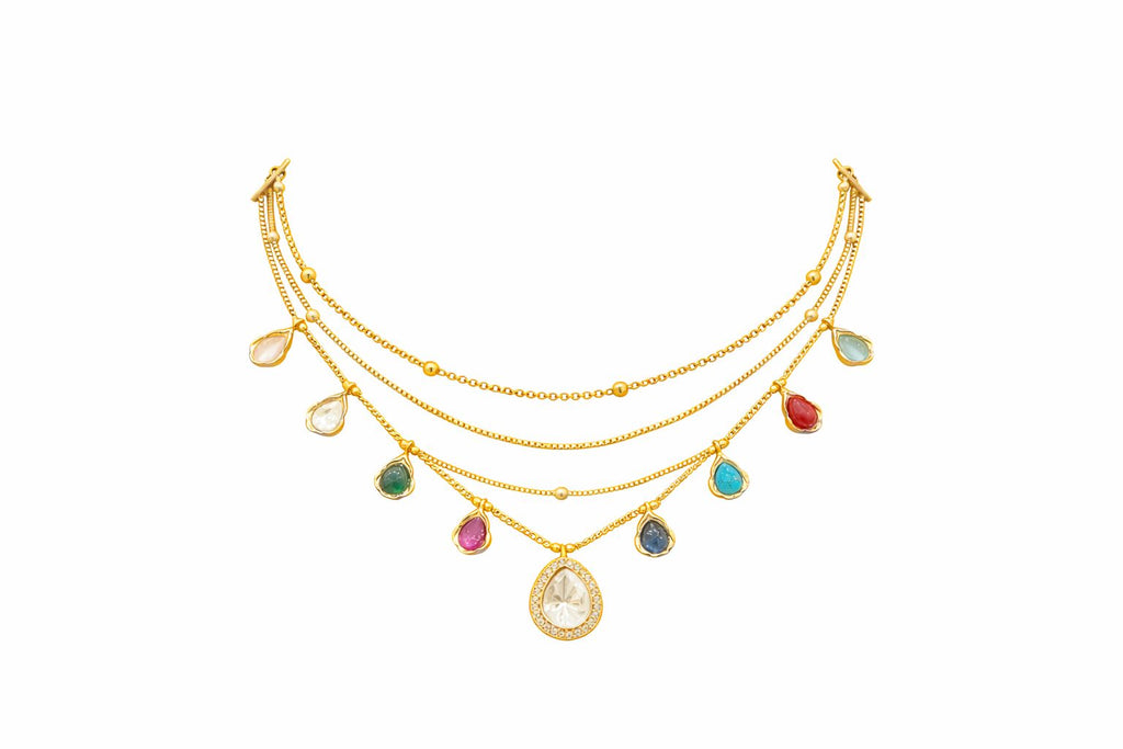 Graceful Polki Layered Necklace with Pear-Shaped Earrrings
