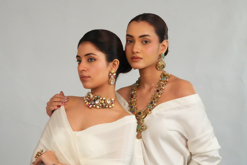 Classic Ornate Multistone Necklace with Earrings