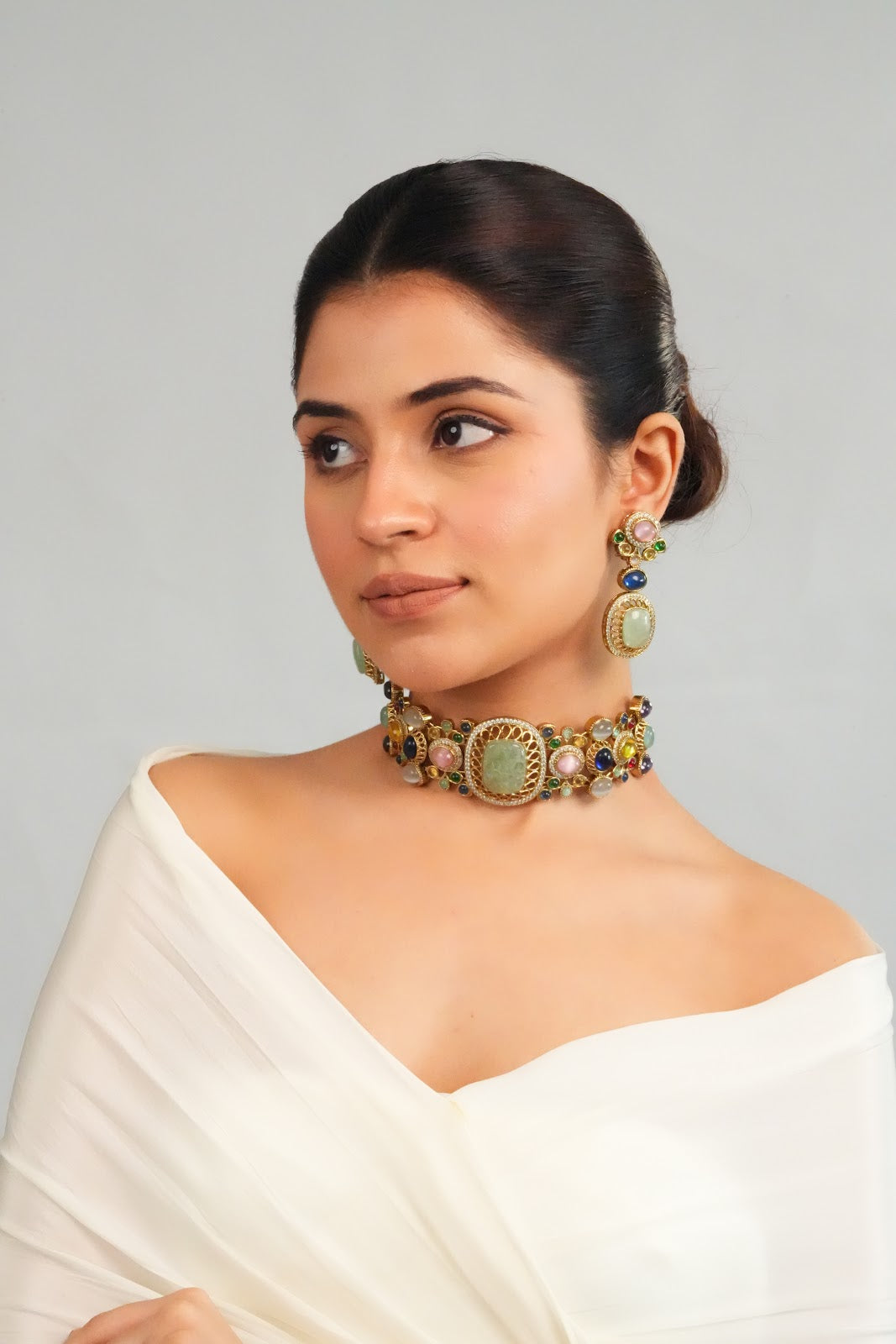 Pastel Gemstone Centerpiece Statement Choker with Earring