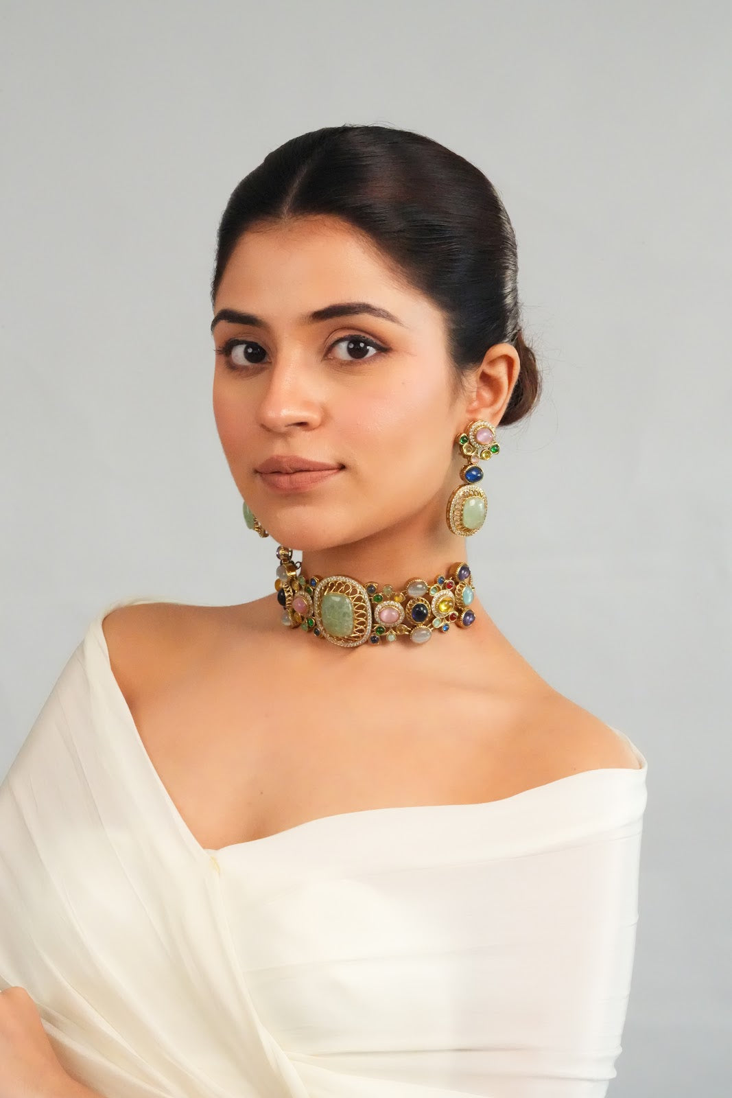 Pastel Gemstone Centerpiece Statement Choker with Earring