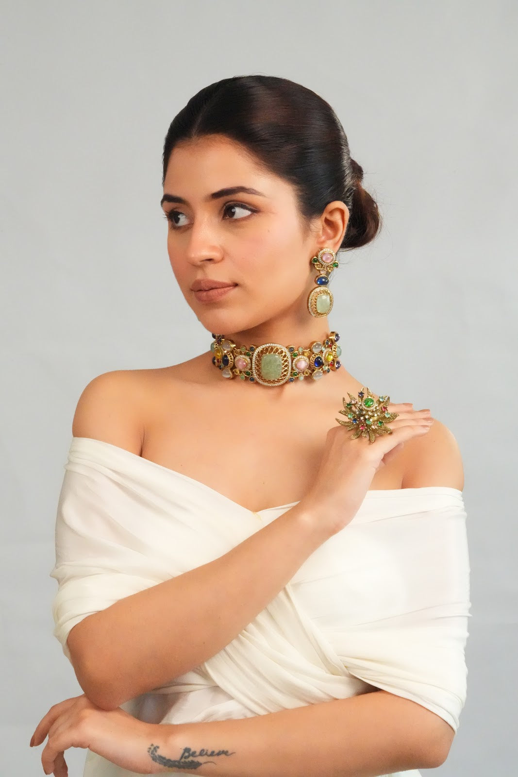 Pastel Gemstone Centerpiece Statement Choker with Earring