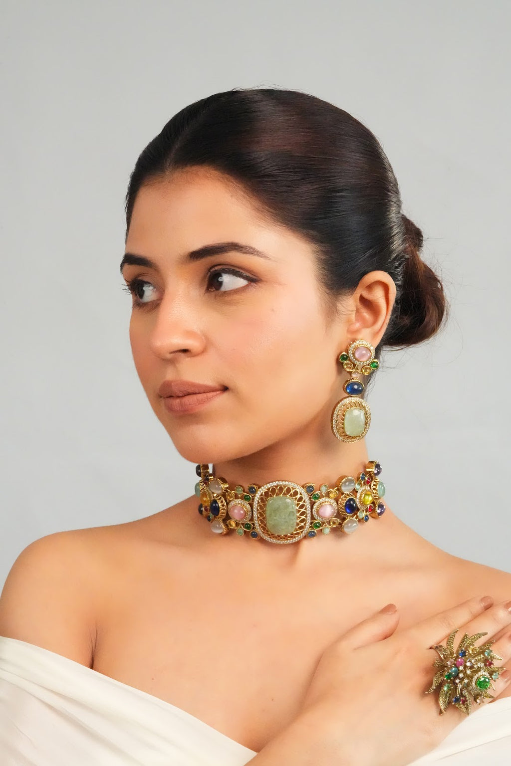 Pastel Gemstone Centerpiece Statement Choker with Earring