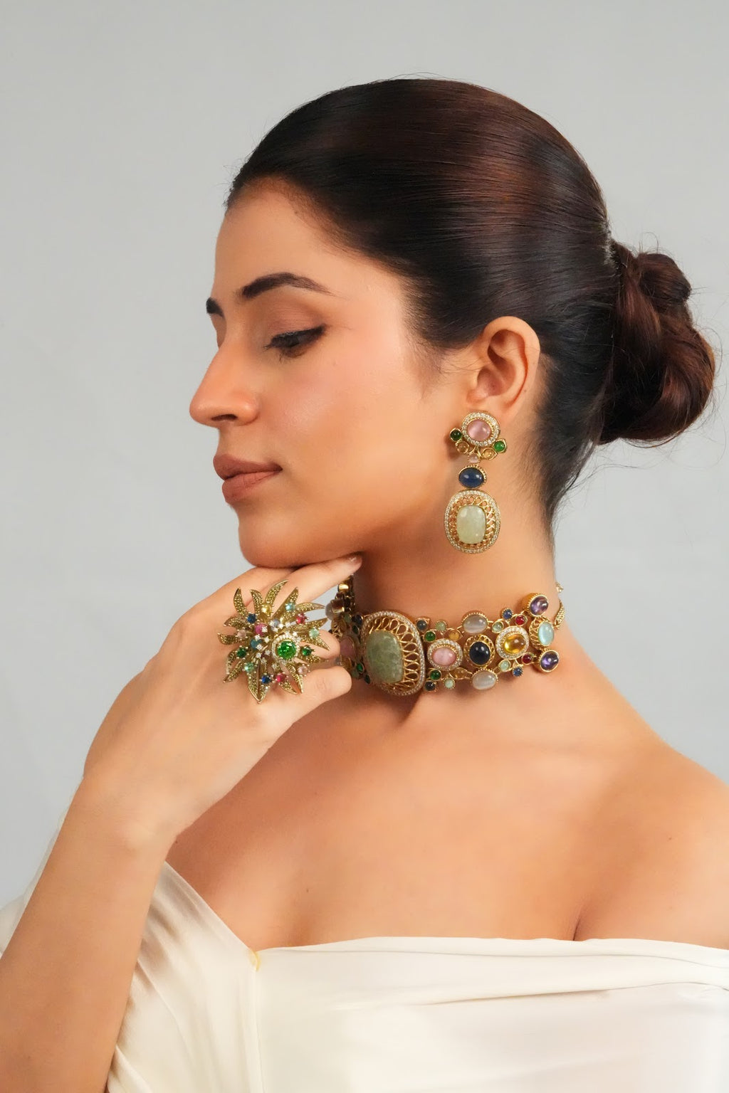Pastel Gemstone Centerpiece Statement Choker with Earring