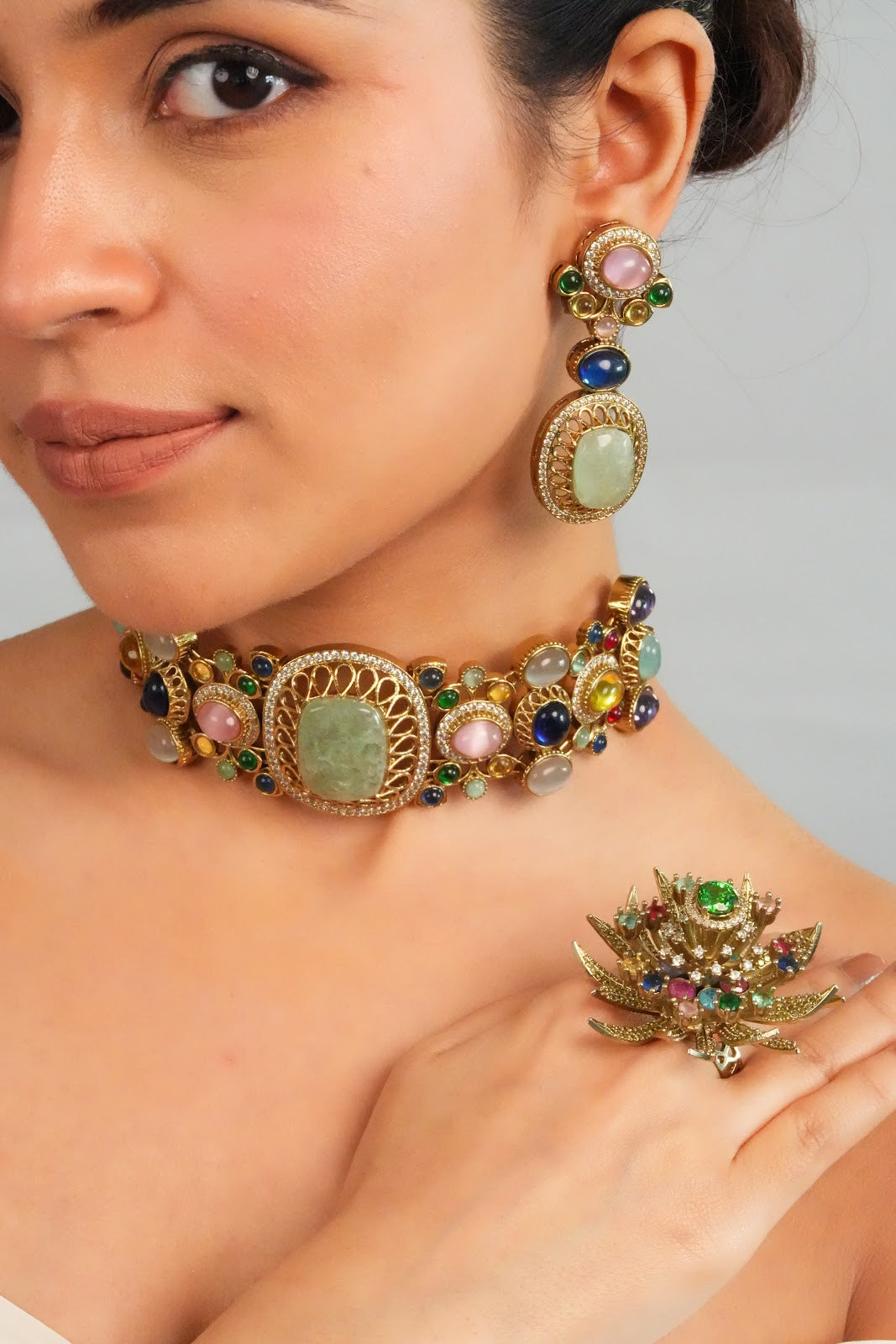 Pastel Gemstone Centerpiece Statement Choker with Earring