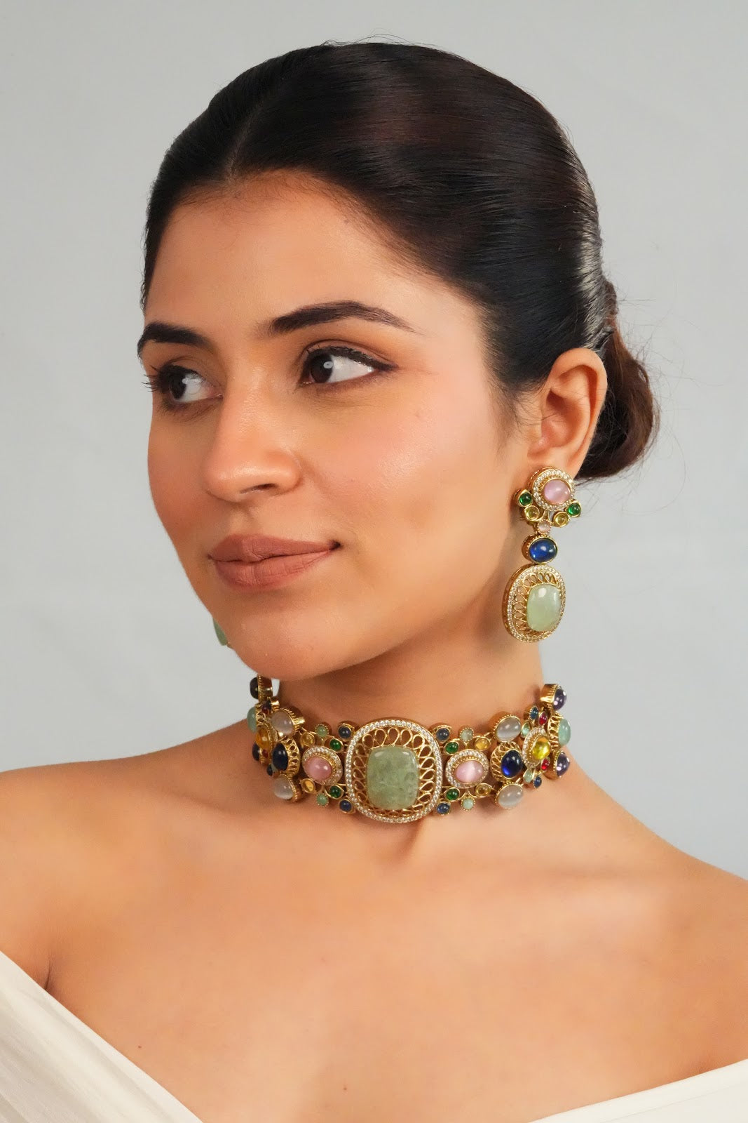 Pastel Gemstone Centerpiece Statement Choker with Earring