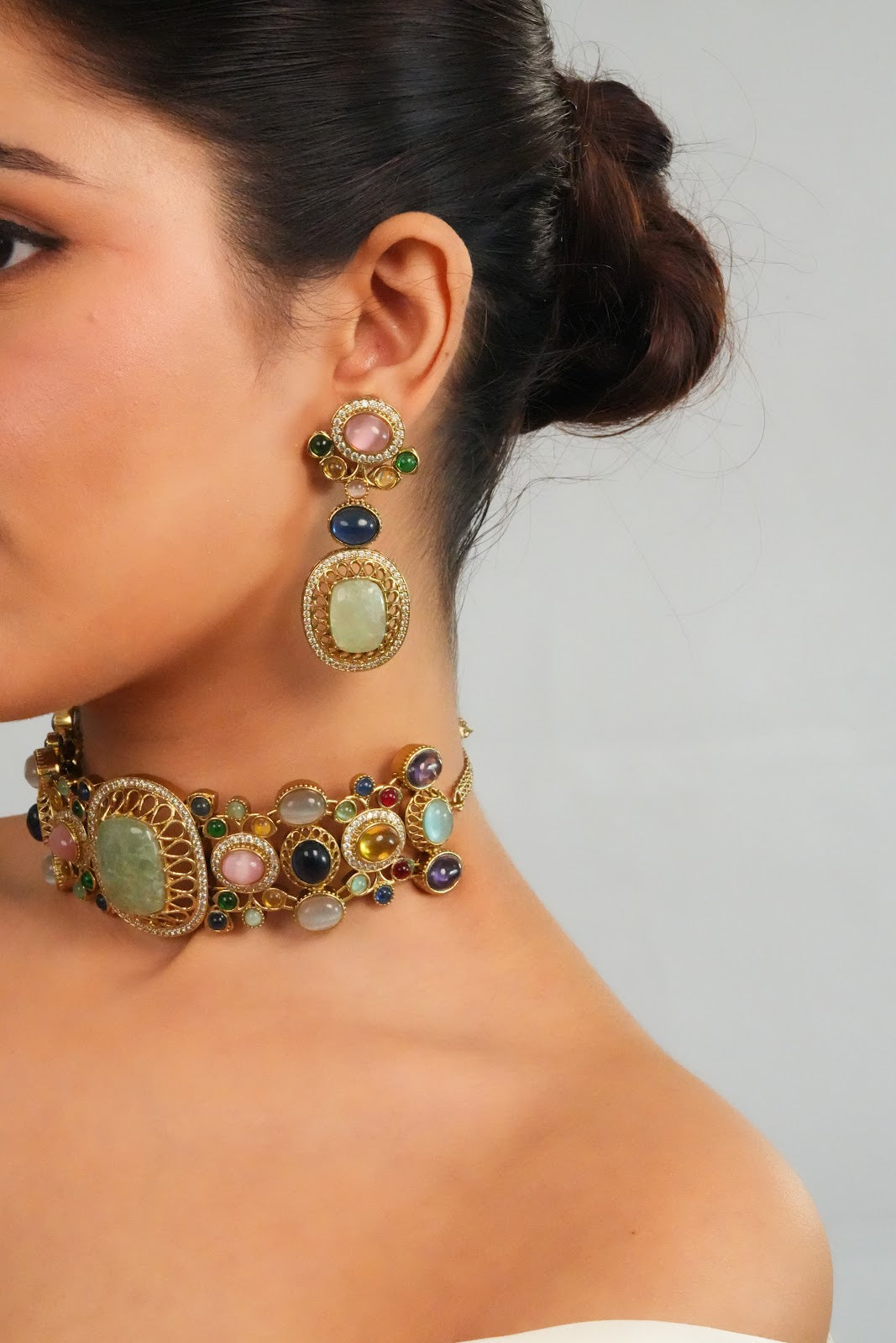 Pastel Gemstone Centerpiece Statement Choker with Earring