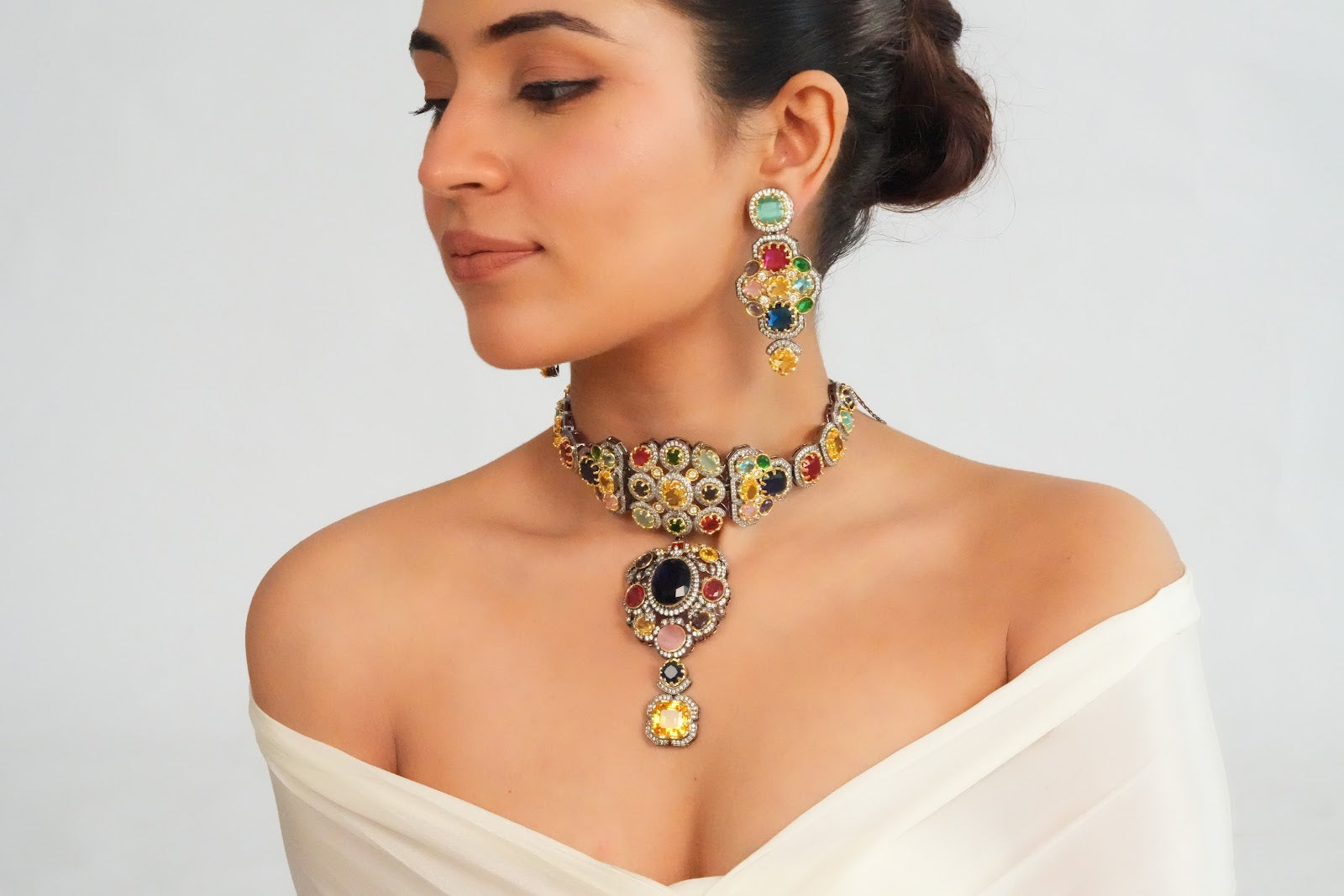 Bold Centerpiece Ethnic Choker with Multicolour Drop Earrings