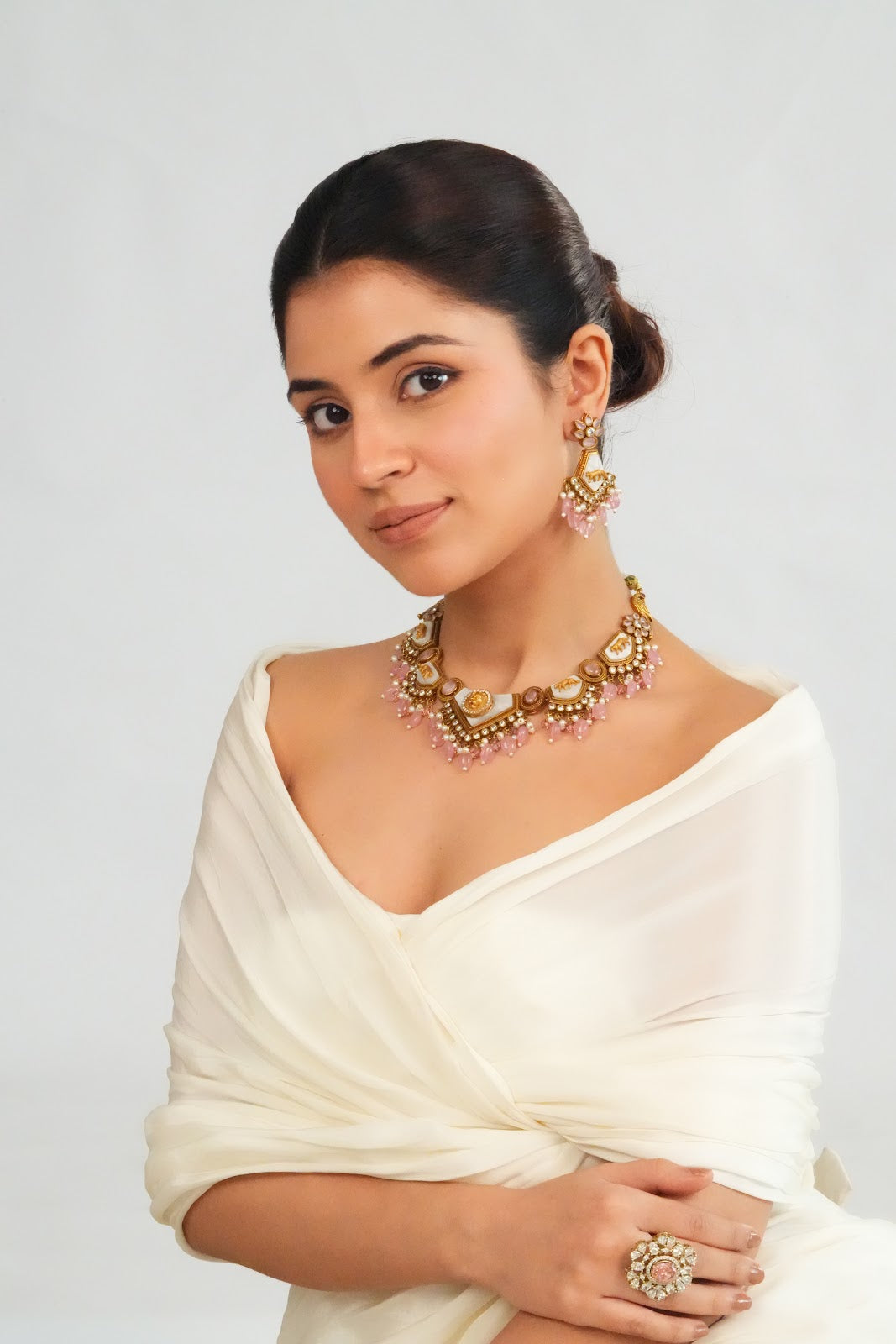 Soft Pink Beaded Statement Choker Necklace with Earrings