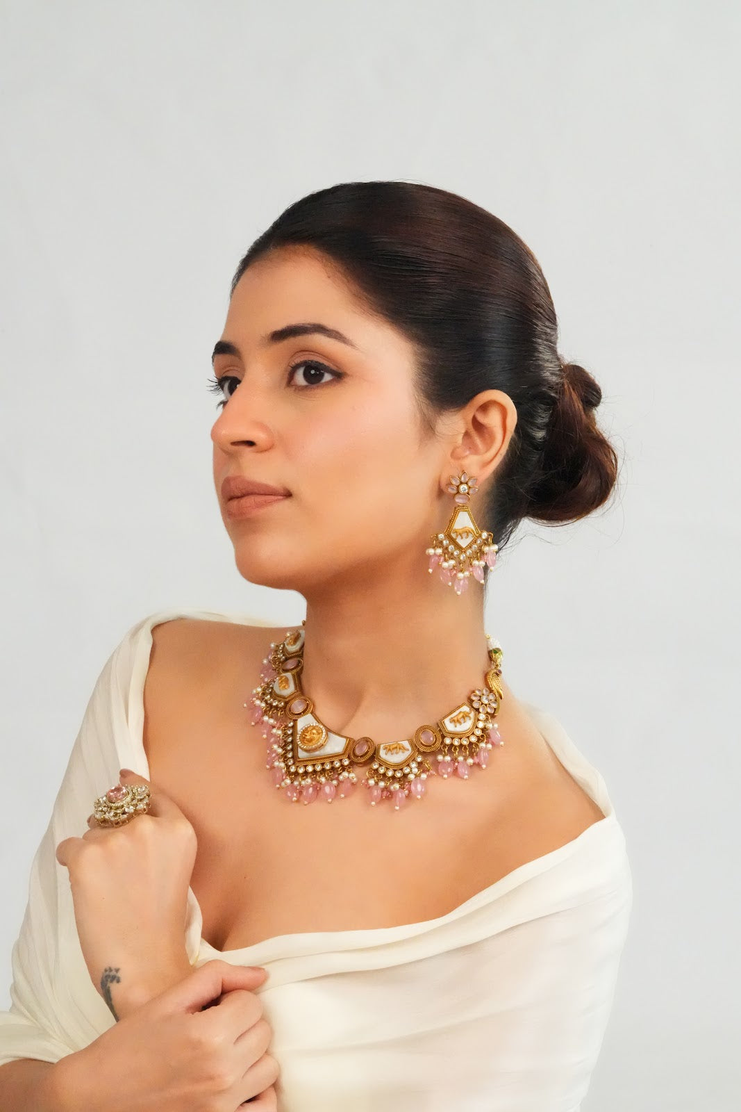 Soft Pink Beaded Statement Choker Necklace with Earrings