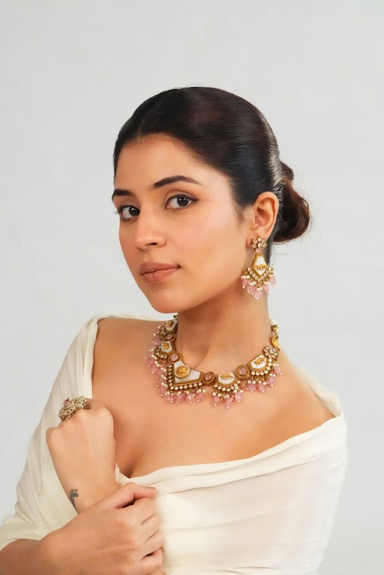 Soft Pink Beaded Statement Choker Necklace with Earrings
