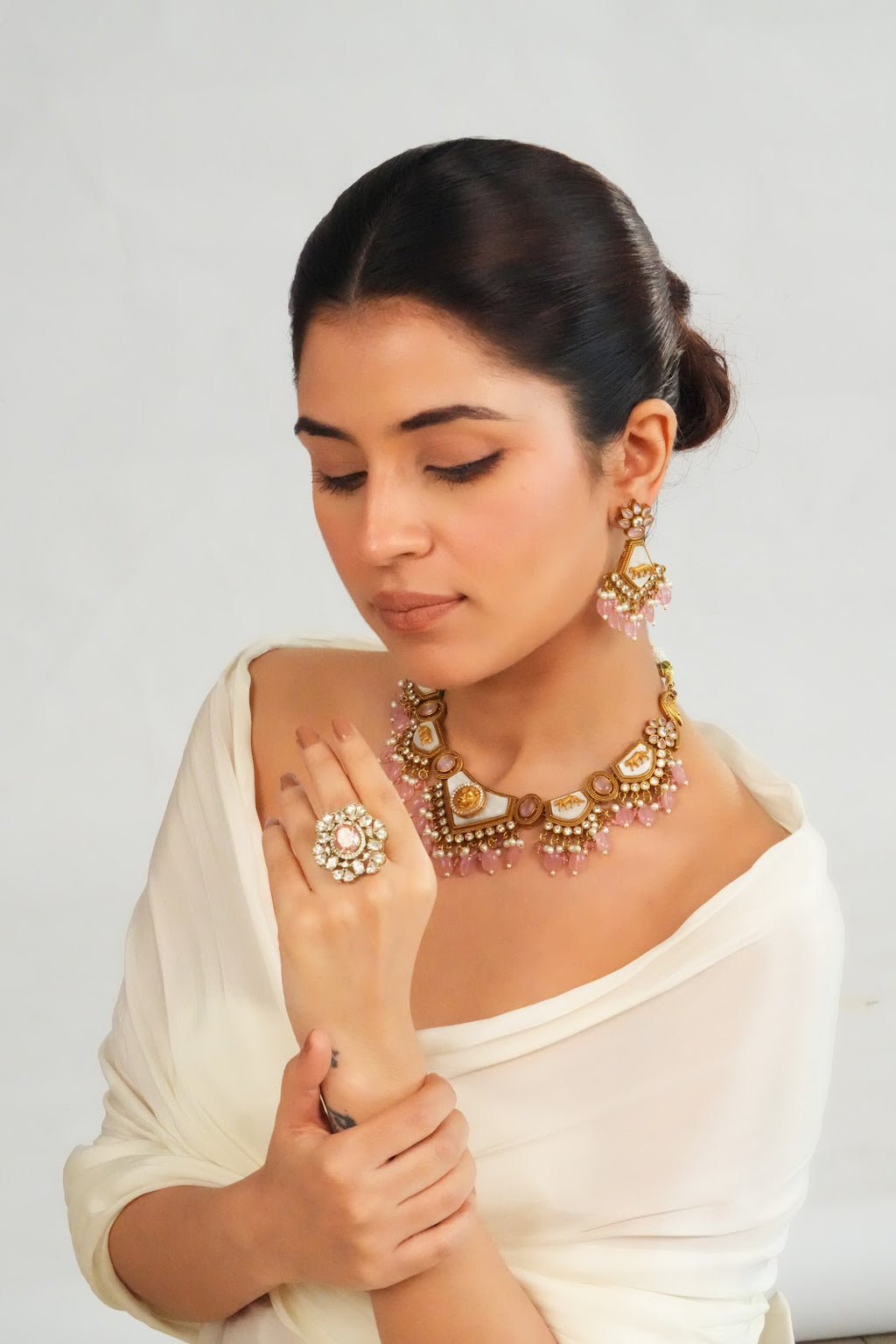 Soft Pink Beaded Statement Choker Necklace with Earrings