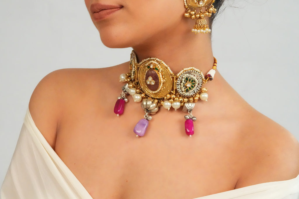 Intricate Gemstone Charm Choker with Dome Earrings