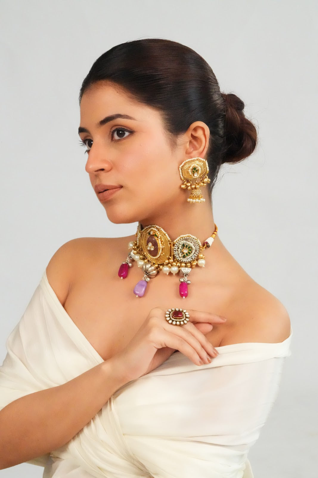 Intricate Gemstone Charm Choker with Dome Earrings