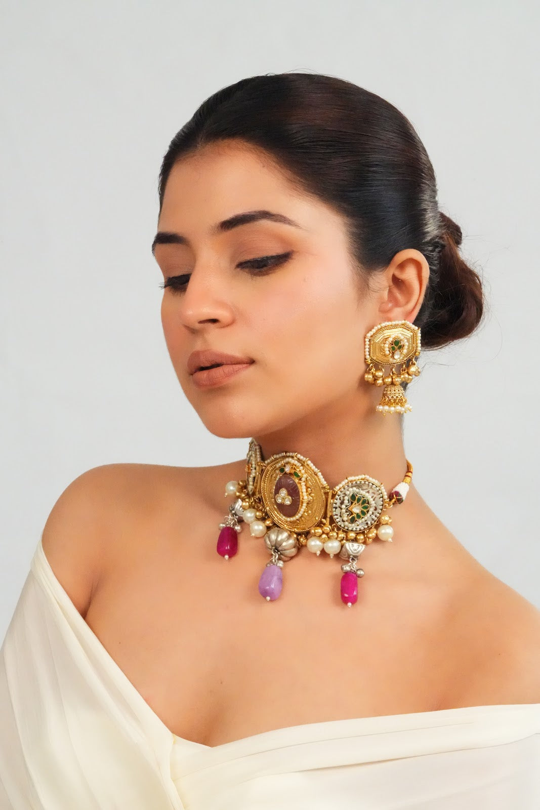 Intricate Gemstone Charm Choker with Dome Earrings