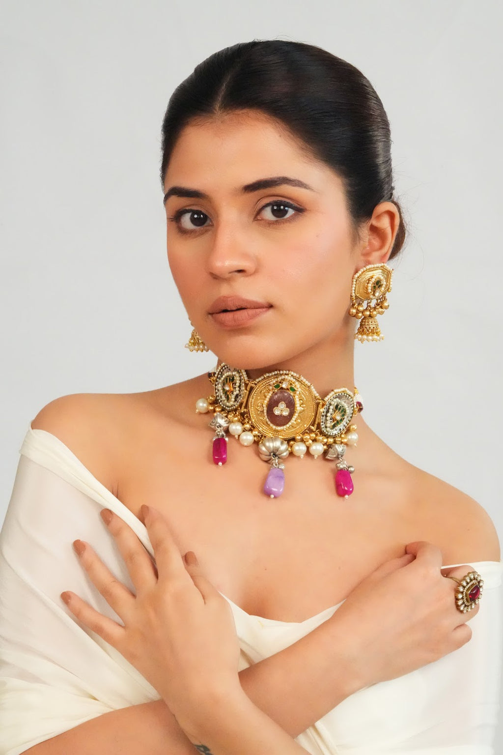 Intricate Gemstone Charm Choker with Dome Earrings