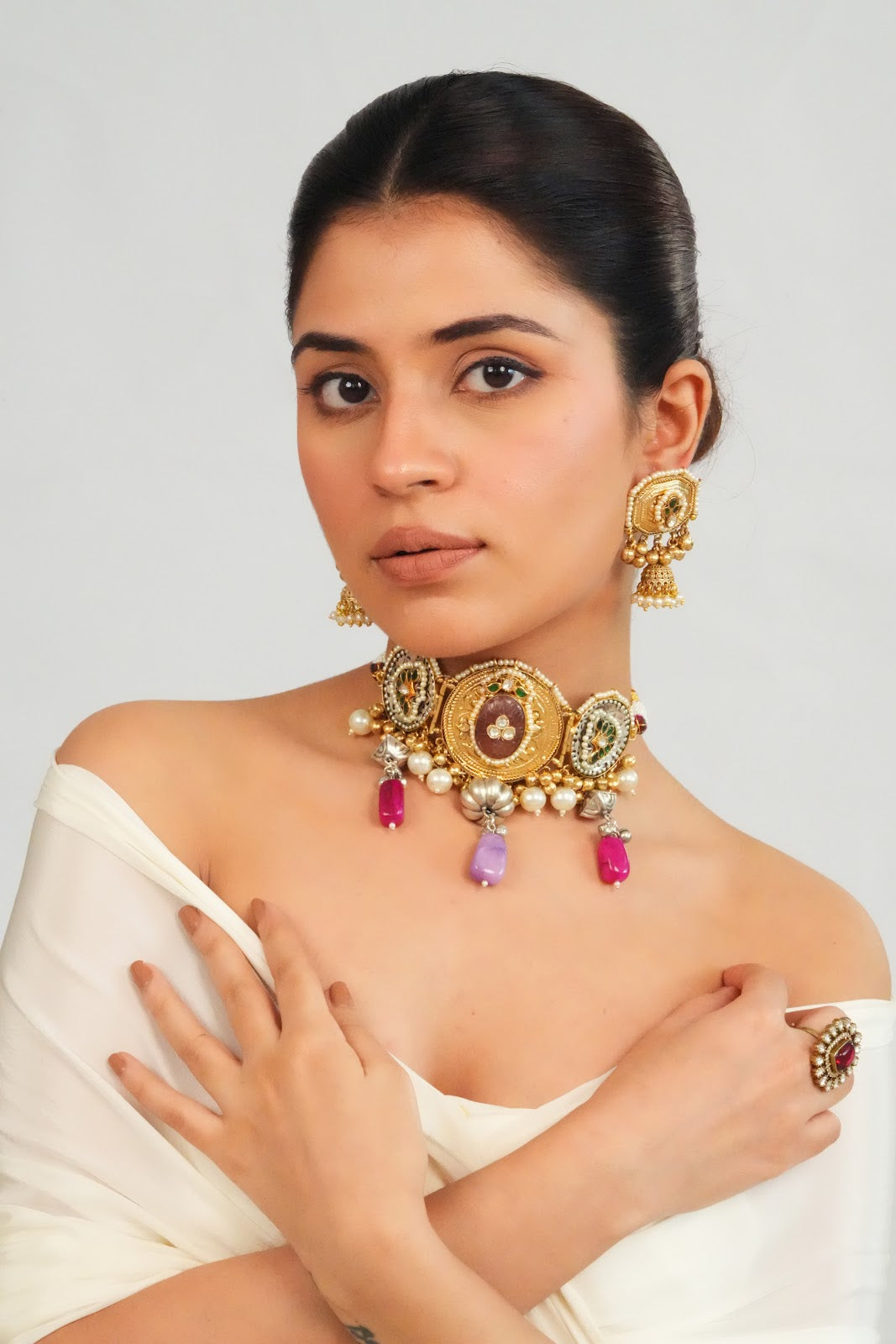 Intricate Gemstone Charm Choker with Dome Earrings