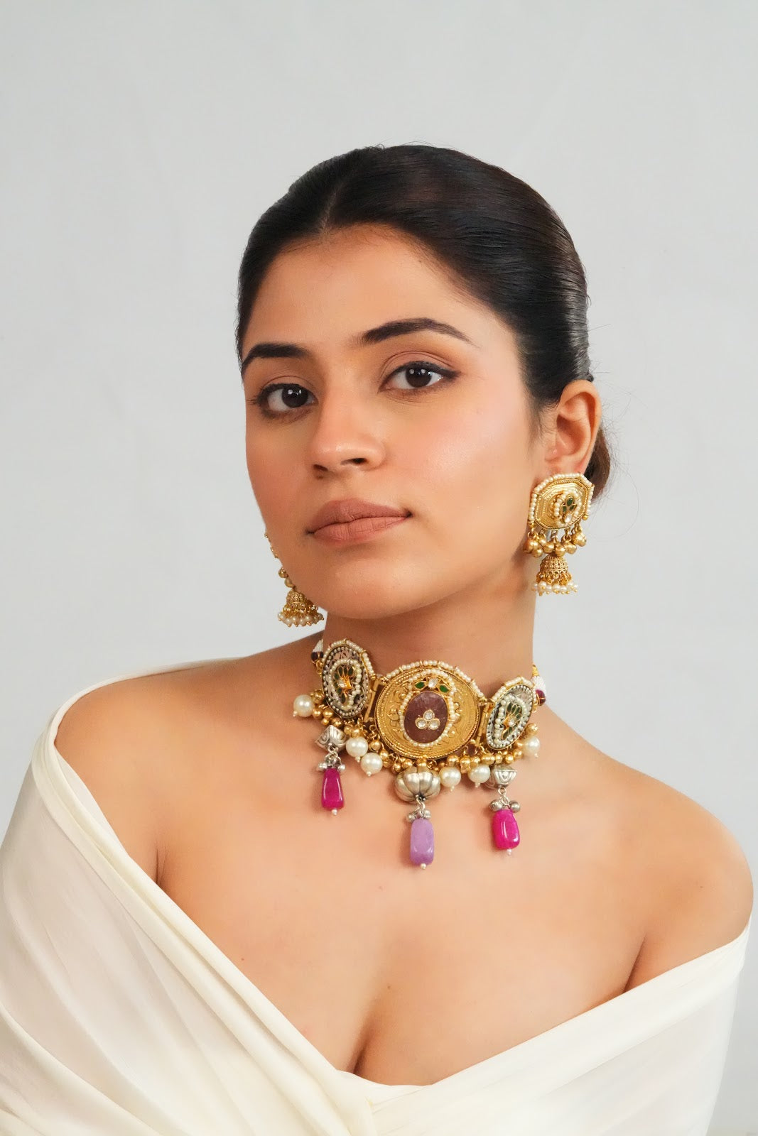 Intricate Gemstone Charm Choker with Dome Earrings