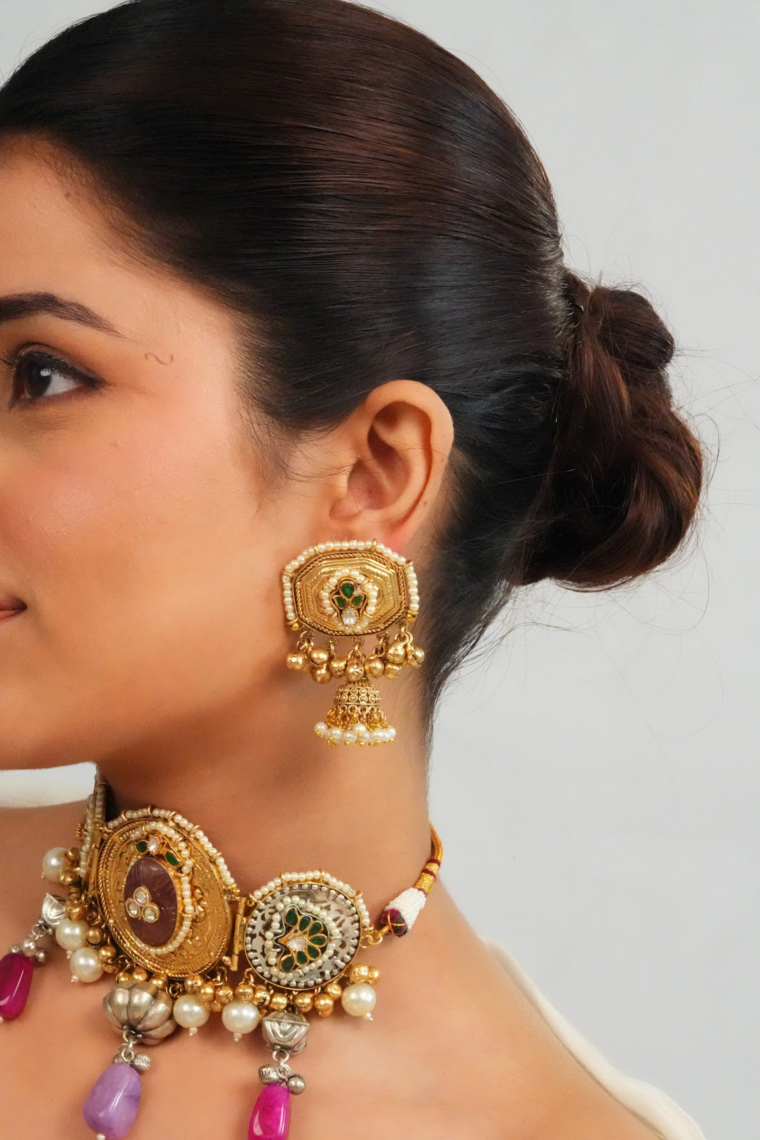 Intricate Gemstone Charm Choker with Dome Earrings