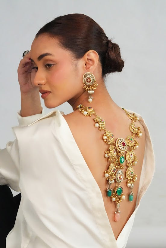 Heritage Inspired Detailed Long Necklace with Amarpali Earrings