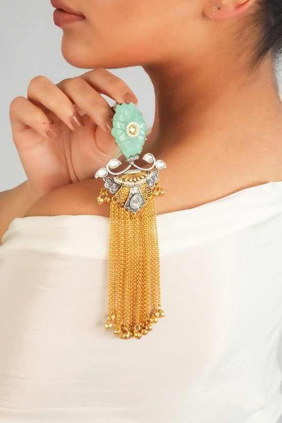 Mint Stone Tassel Chain Statement Earrings
