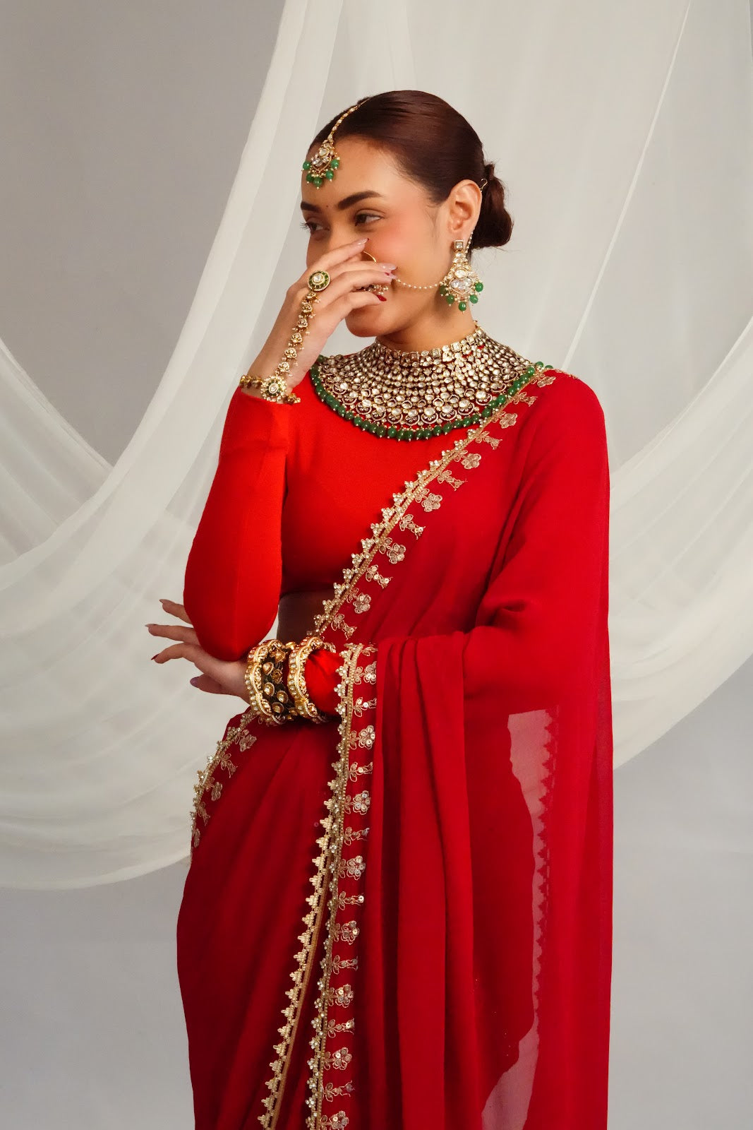 Elegant Victorian Fringe Detailed Choker with Statement Earrings and Maangtika