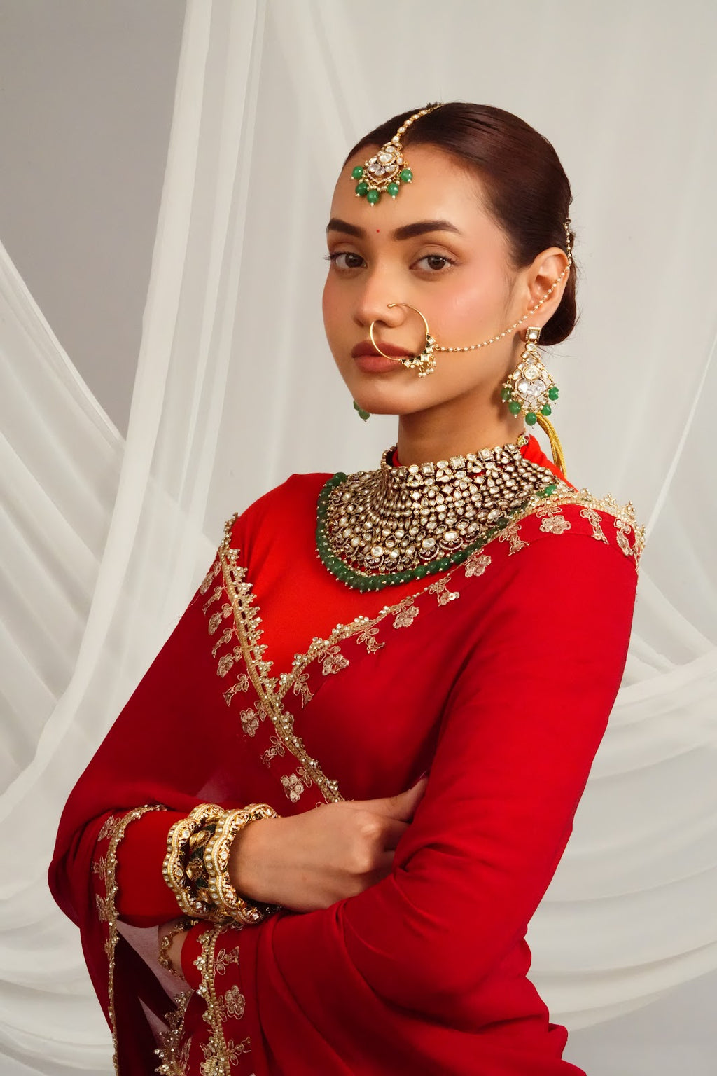 Elegant Victorian Fringe Detailed Choker with Statement Earrings and Maangtika