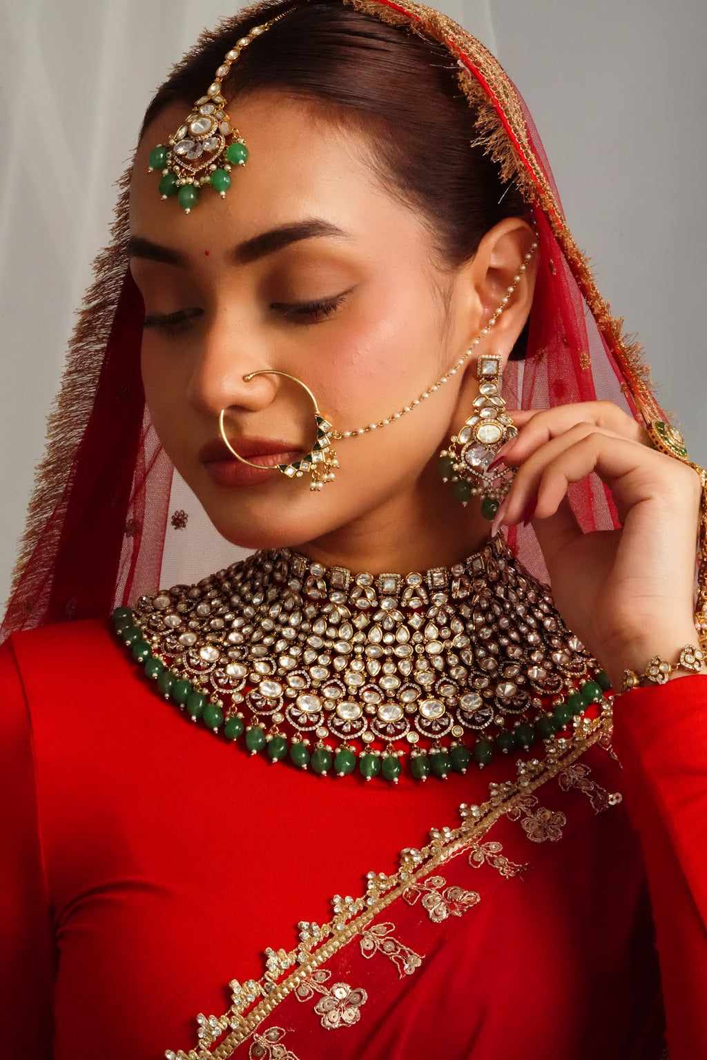 Elegant Victorian Fringe Detailed Choker with Statement Earrings and Maangtika
