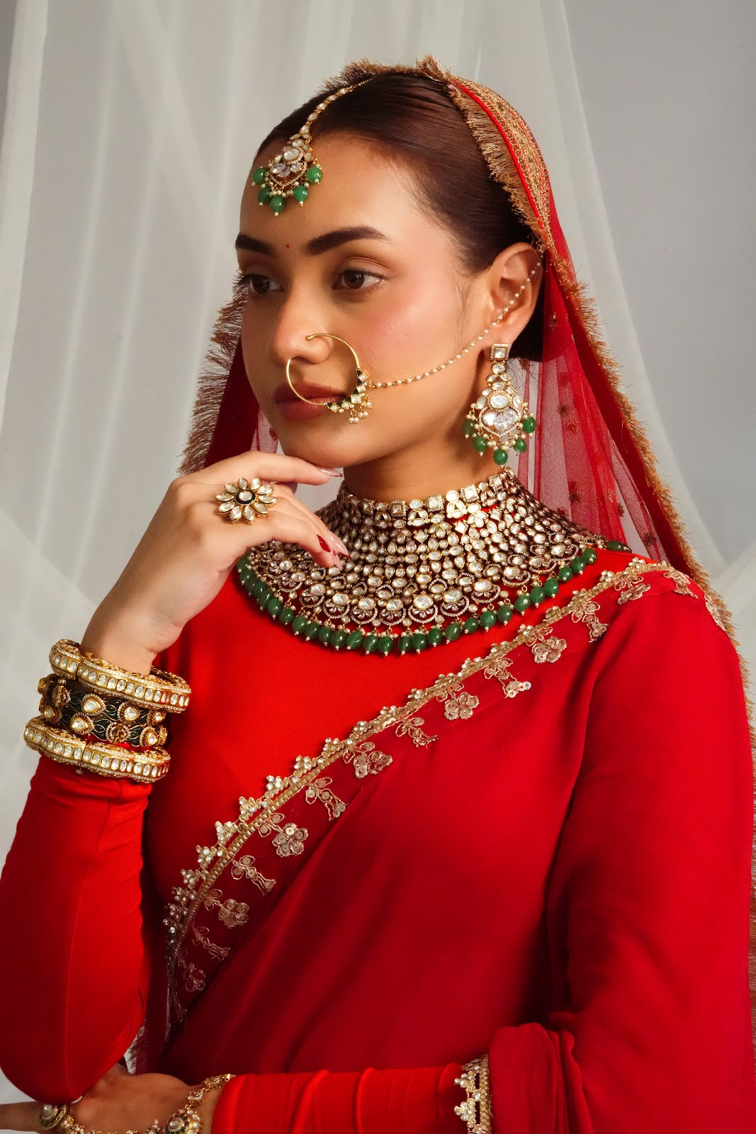 Elegant Victorian Fringe Detailed Choker with Statement Earrings and Maangtika