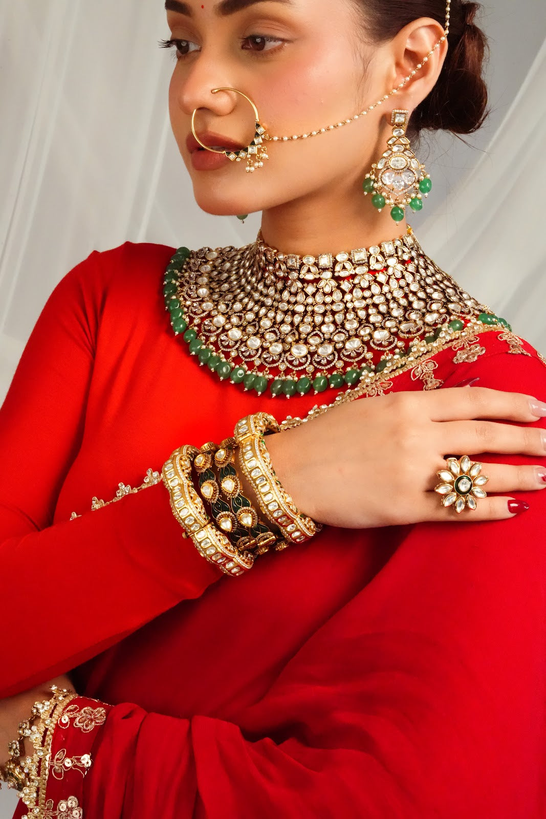 Elegant Victorian Fringe Detailed Choker with Statement Earrings and Maangtika