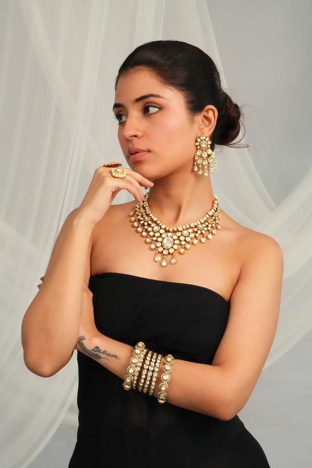 Pearl Cluster Statement Collar Necklace with Drop Earrings