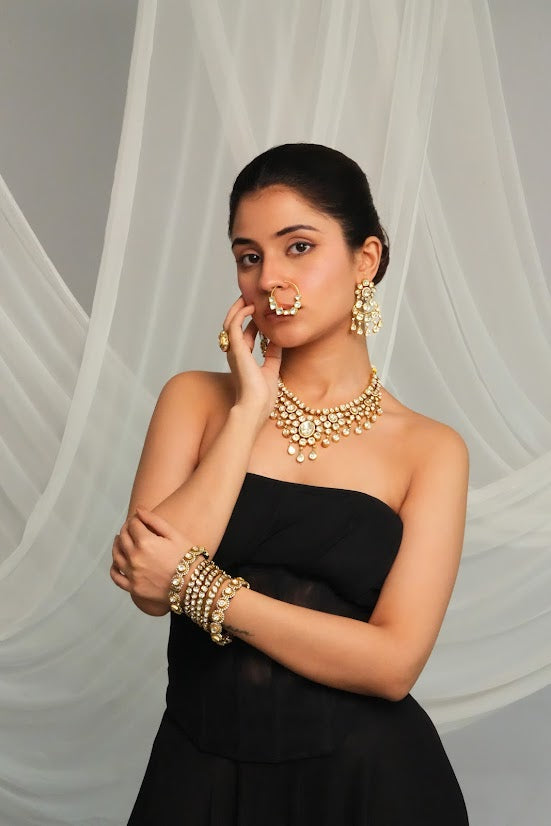 Pearl Cluster Statement Collar Necklace with Drop Earrings