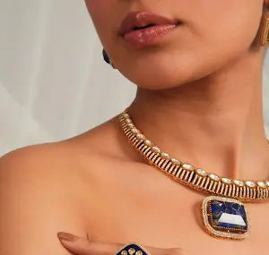 Classic Blue Stone Collar Necklace with Statement Earrings