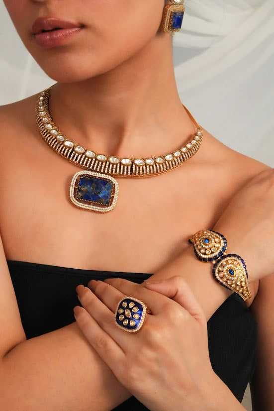 Classic Blue Stone Collar Necklace with Statement Earrings