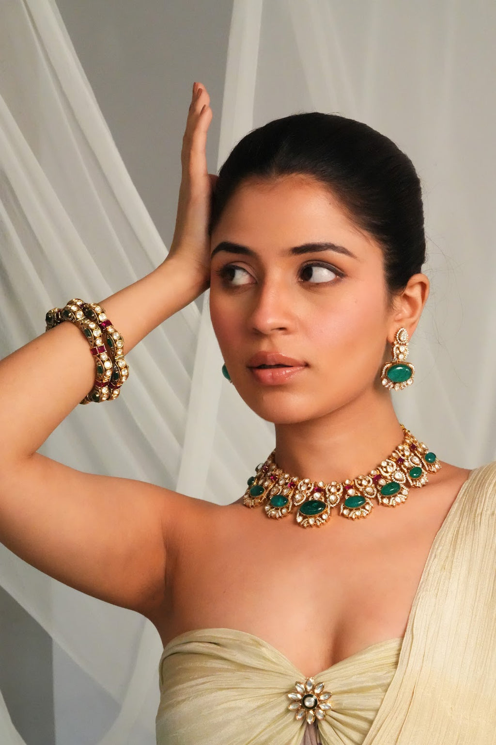 Statement Heritage Inspired Green Choker Necklace with Earrings