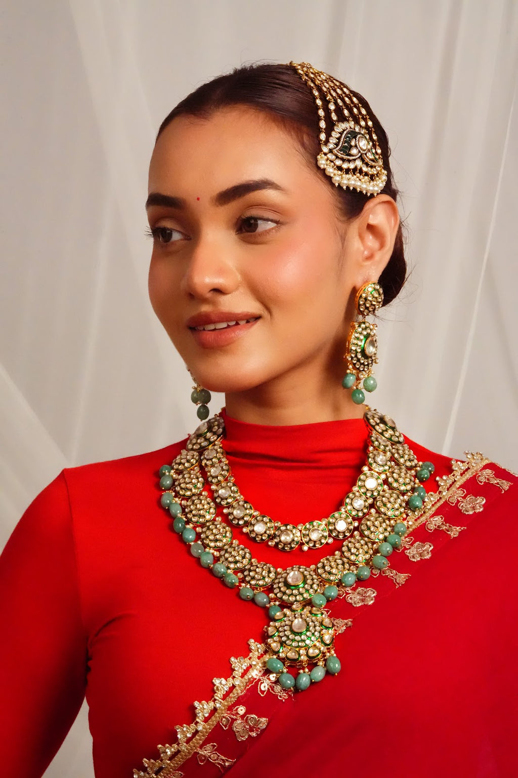 Mint Green Polki Statement Necklace with Chandelier Earrings