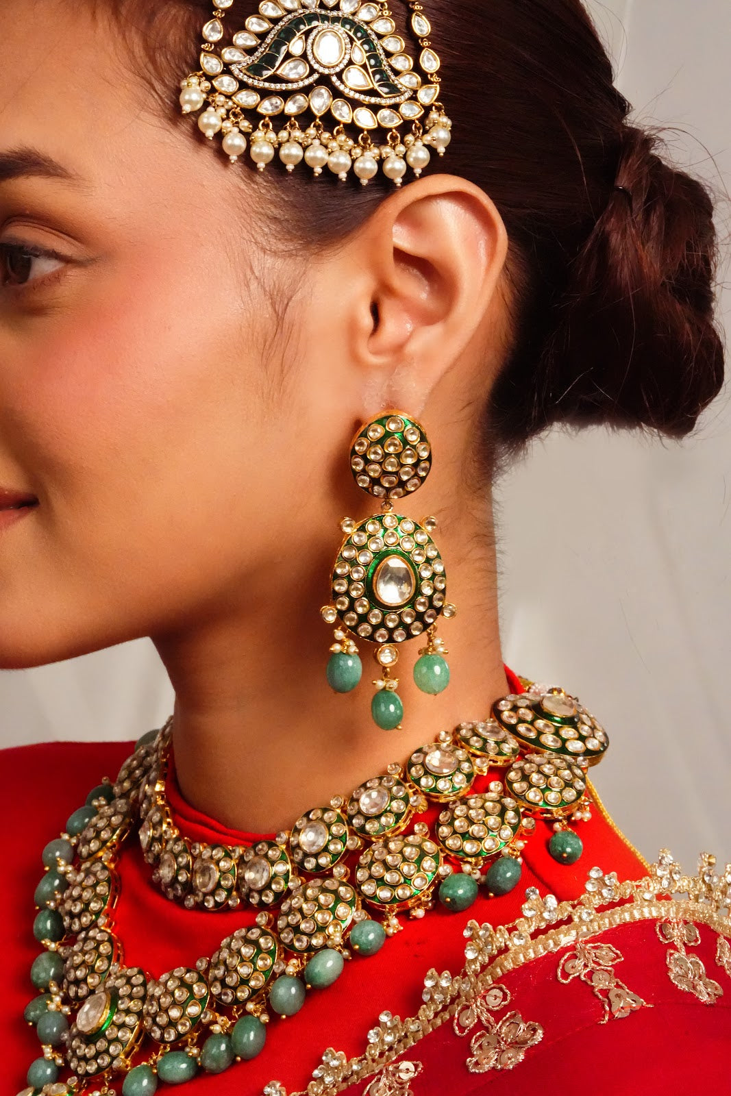 Mint Green Polki Statement Necklace with Chandelier Earrings